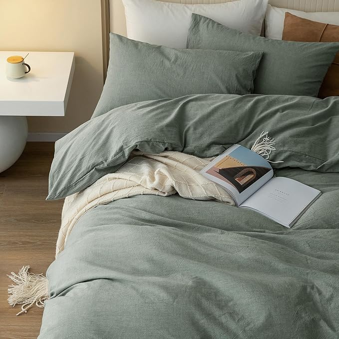 JIYUAN 100% Washed Cotton Duvet Cover Set 3 Pieces Cal King, 1 Duvet Cover 104x98 Inches(Comforter Not Included) and 2 Pillowcases,Linen Feel Bedding Set Comfy and Breathable, Heathered Green