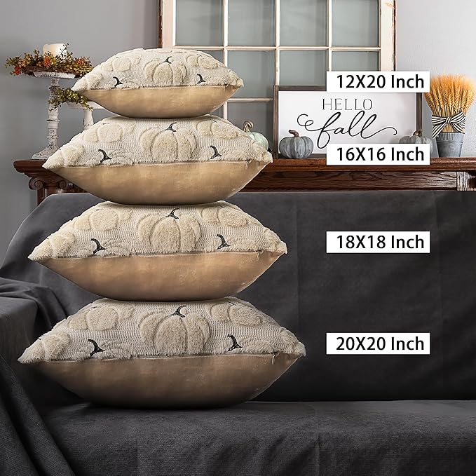 4TH Emotion Fall Pumpkins Decorative Lumbar Pillow Covers 12x20 Set of 2, Beige Soft Plush Faux Fur Wool Farmhouse Throw Cushion Cases for Autumn Thanksgiving Holiday Home Decorations