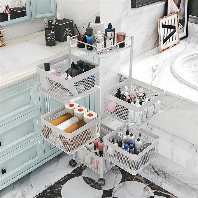 Fruit Basket for Kitchen No Assembly,Rotating Kitchen Storage Rack,Bathroom Shelf, Organizers and Storage Cart on Rolling Wheels，Potato and Onion Storage Organizer(White, 5 Tier-Square)