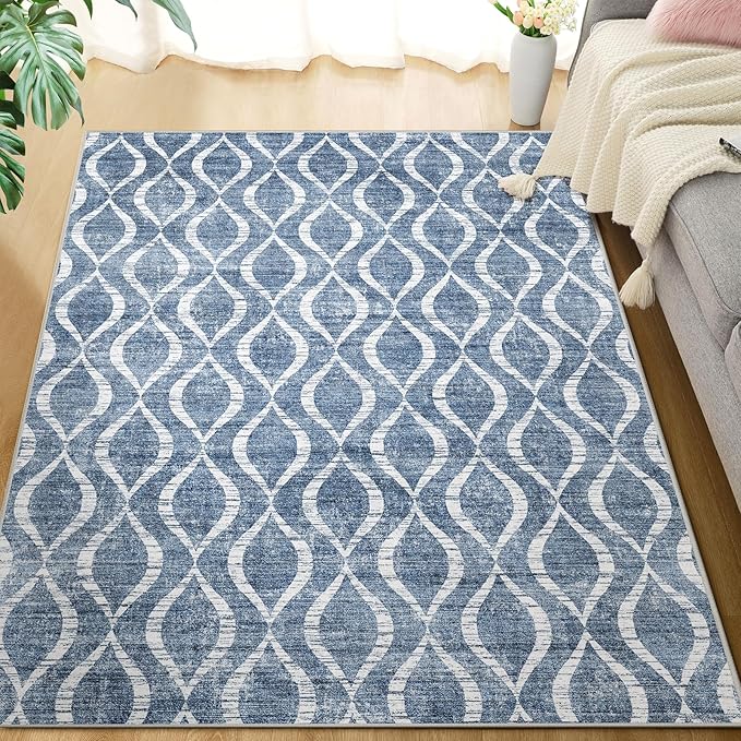 WITSHOCK Area Rugs for Living Room 5x7: Washable Non-Slip Soft Geometric Large Indoor Rug for Bedroom Dining Room, Low Pile Boho Pattern Carpet for Nursery Playroom Decor, Kid & Pet Friendly, Blue