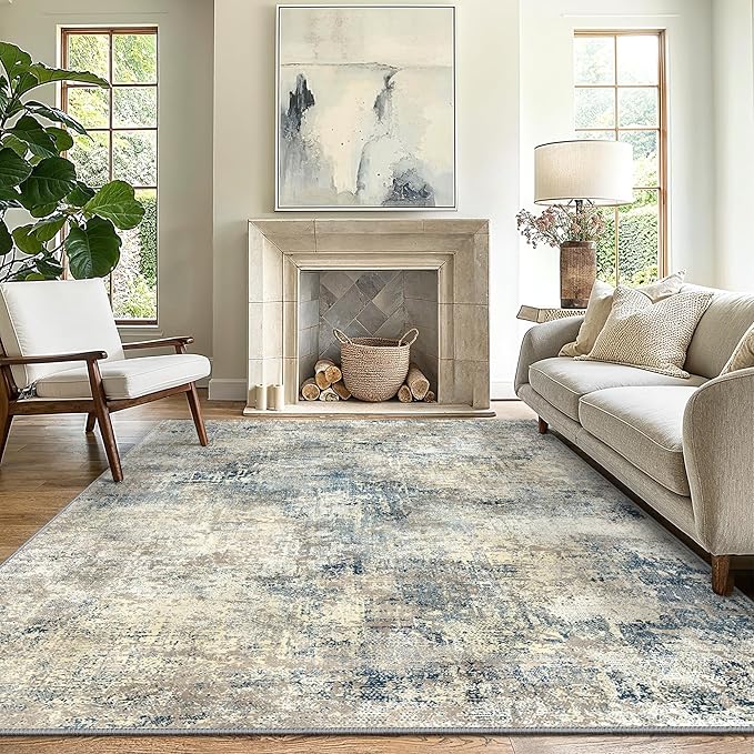 GENIMO Washable Area Rugs for Living Room Bedroom, 9x12 Modern Abstract Non Slip Rug, Low Pile Soft Contemporary Indoor Floor Carpet Cover for Dinning Room Kitchen, Light Gray Blue