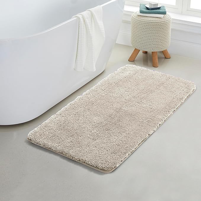 YHF Bathroom Rugs 24" X 47", Extra Thick & Soft Microfiber Shaggy, Machine Washable Bath Mats, Absorbent Bath Rugs, Non-Slip Rubber Backing Bath Mat for Bathroom Floor, Tub and Shower, Beige