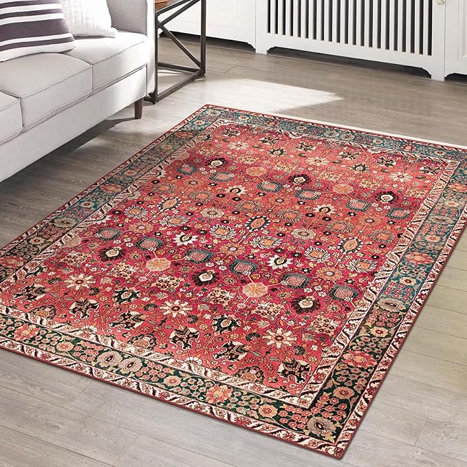 vivorug 8x10 Area Rugs for Living Room, Non-Slip Backing Washable Rug 8x10, Red Large Area Rug Soft Carpet for Bedroom Dining Room, Vintage, Easy Clean, Durable, Low Pile Rug Under Table
