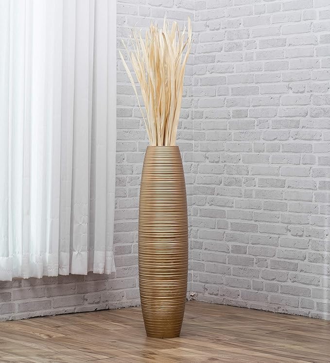 Leewadee Large Gold Home Decor Floor Vase – Wooden 26 inches Tall Farmhouse Decor Flower Holder for Fake Plant and Pampas Grass
