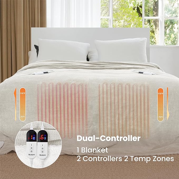 Heated Blanket Electric Blanket Queen Waffle, 84x90 Inches Dual Controllers Sherpa Fleece Fast Heating Blanket 6 Heating Levels & 10 Hours Auto Off ETL Certification,Beige Queen