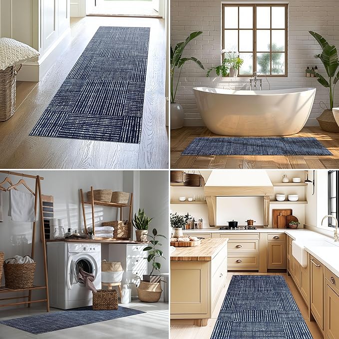 Canvas Washable Runner Rug with Rubber Backing, Indoor Mat for Hallway, Navy Blue, 27.5" x 75"