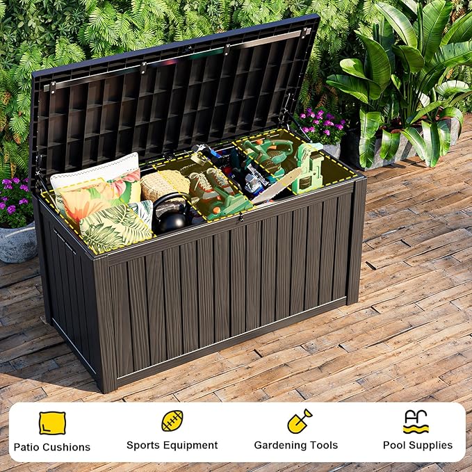 ROJIK 150 Gallon Outdoor Storage Box Waterproof-Patio Furniture Resin Deck Box, Garden Tools, Cushions, Pool Accessories Storage Bench with Lockable Lid and Side Handles (Black, 150 Gal)