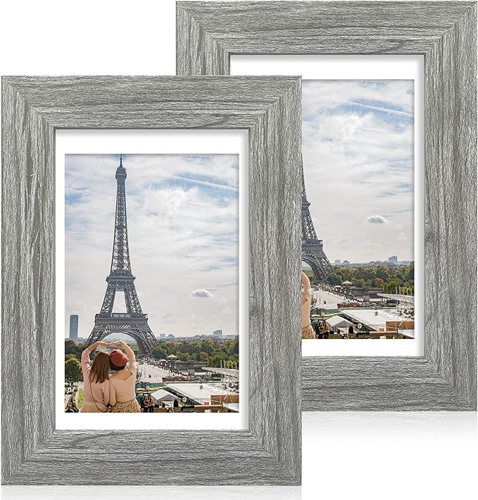5x7 Picture Frame Set of 2, Made of Real Glass and Rustic Grey Wooden Frame - Display Pictures 4x6 with Mat or 5x7 Without Mat, 5 by 7 Photo Frame for Wall or Tabletop Display
