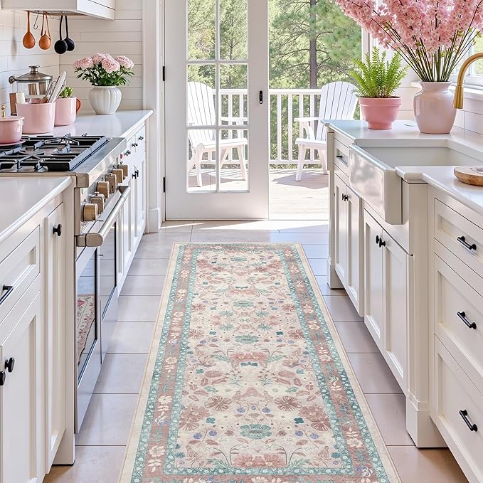 Pink Floral Runner Rug 2x6 for Kitchen Hallway Bedroom Deerly Vintage Boho Washable Bathroom Runner Rugs Non-Slip Soft Low Pile Thin Indoor Carpet for Laundry Room Farmhouse Rug, Light Pink/Blue/Multi