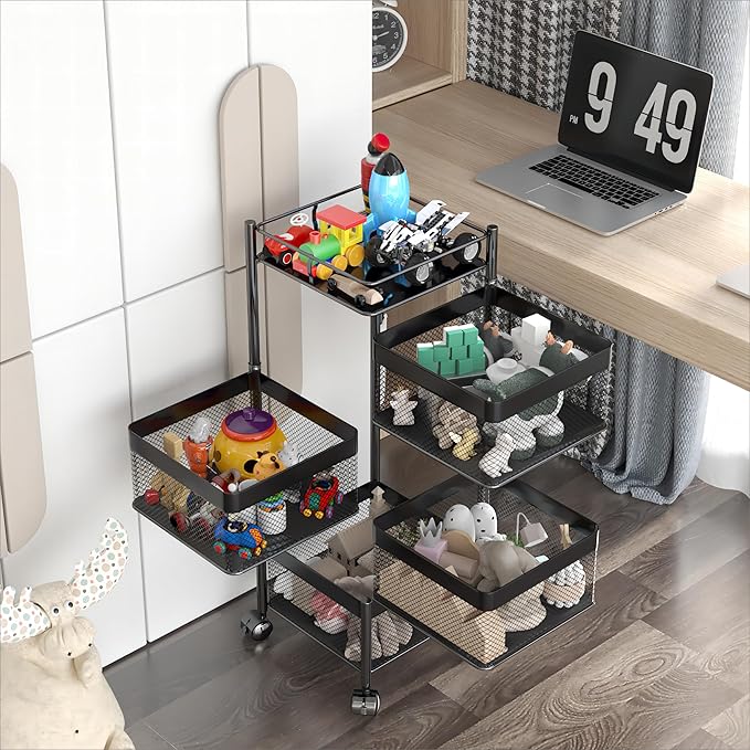 Rotating Kitchen Storage Rack，Bathroom Shelf，Kitchen Organization and Storage，Bathroom Storage Organizer，Fruit Basket，Rolling Carts with Wheels(Black, 4 Tier-Square)