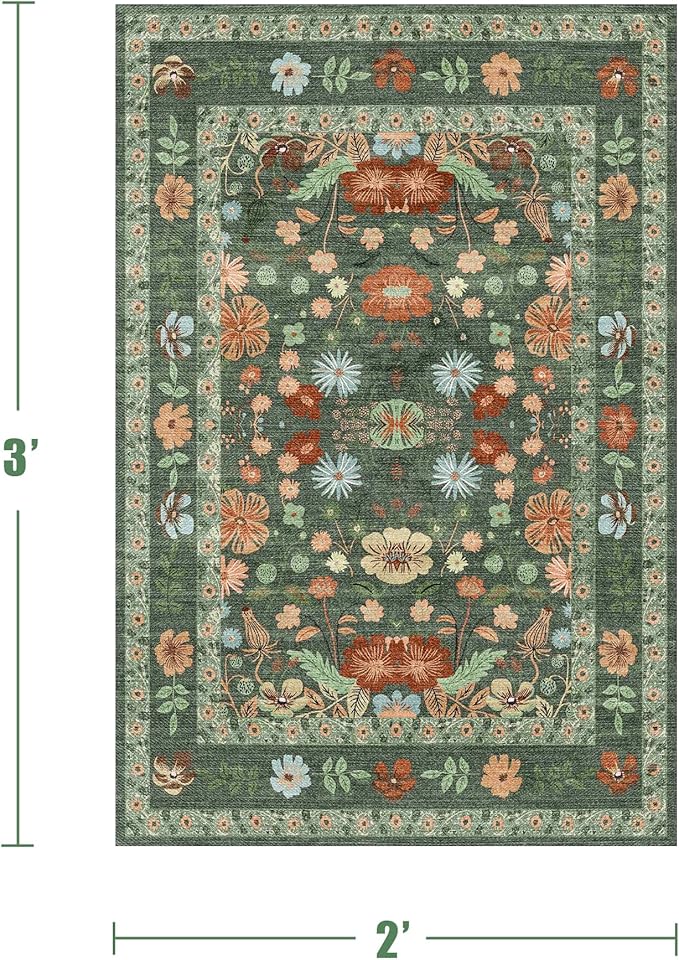 Deerly Green Small Floral 2x3 Entryway Rug Vintage Boho Bathroom Door Mat Washable Non-Slip Soft Low Pile Thin Indoor Carpet Home Decor for Kicthen Entrance Farmhouse Throw Rug, Green/Multi
