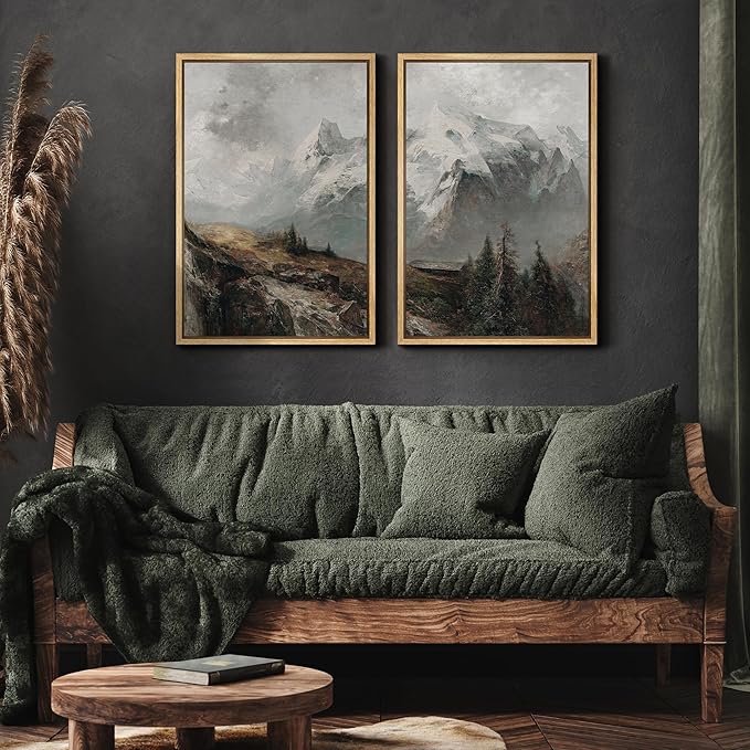 MUDECOR Framed Canvas Print Wall Art Majestic Snow-Capped Mountains Alpine Wilderness Nature Wilderness Illustrations Realism Decorative Scenic for Living Room, Bedroom, Office - 16"x24"x2 Natural