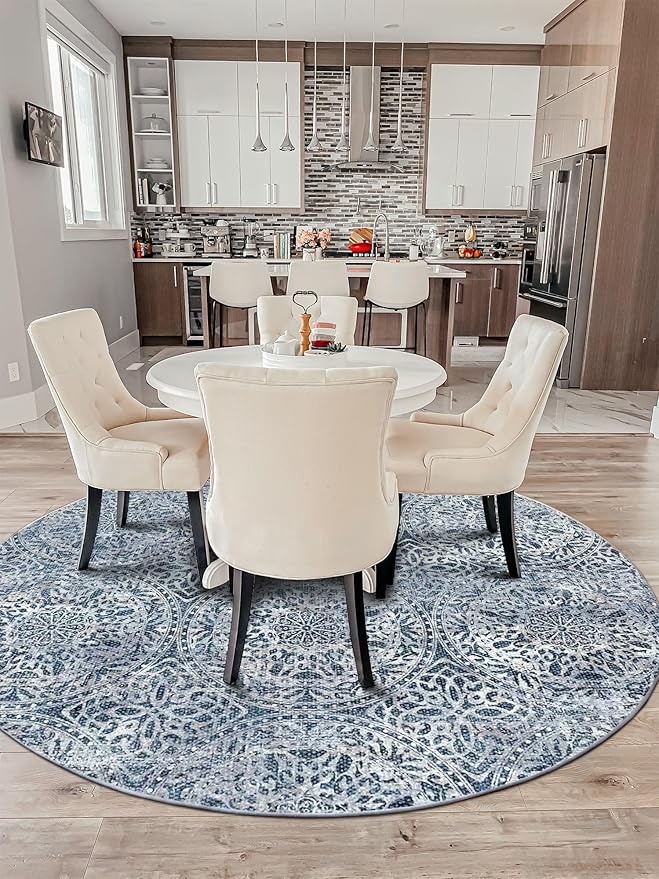 vivorug Round Rug 4ft Vintage-Inspired Round Area Rug Non-Slip Indoor Carpet for Living Room Bedroom Entryway, Stain Resistant Home Decor Circle Rug, Blue Medallion