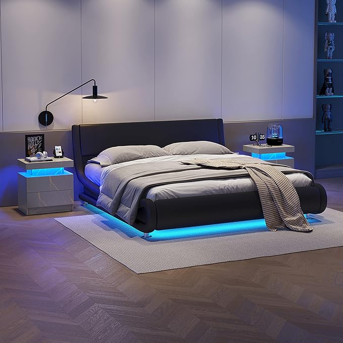 LED Nightstands, Bedside Table with 2 Drawers, Side Table with Changing RGB Light & Remote, Modern Bedroom Furniture, Grey Marble Pattern