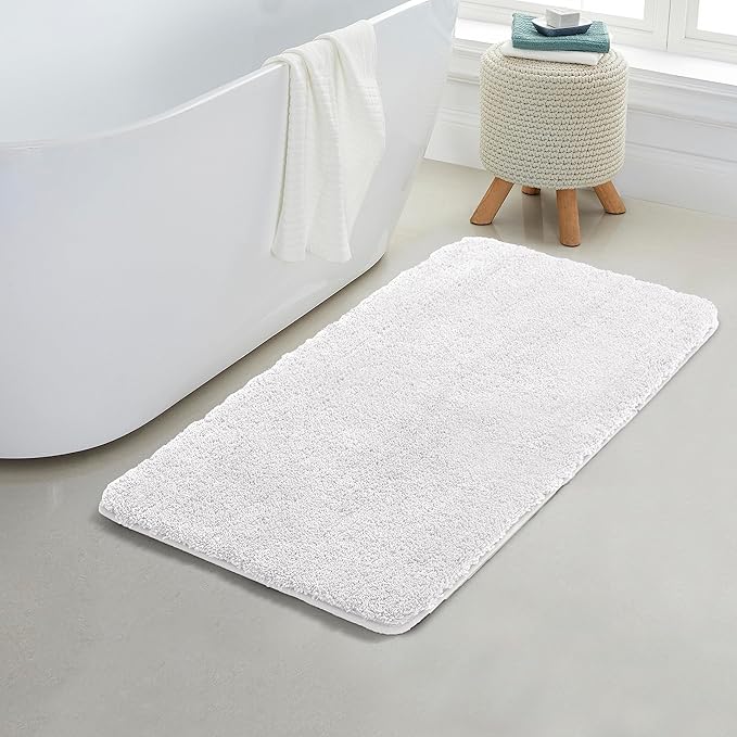 YHF Bathroom Rugs 20" X 32", Extra Thick & Soft Microfiber Shaggy, Machine Washable Bath Mats, Absorbent Bath Rugs, Non-Slip Rubber Backing Bath Mat for Bathroom Floor, Tub and Shower, White