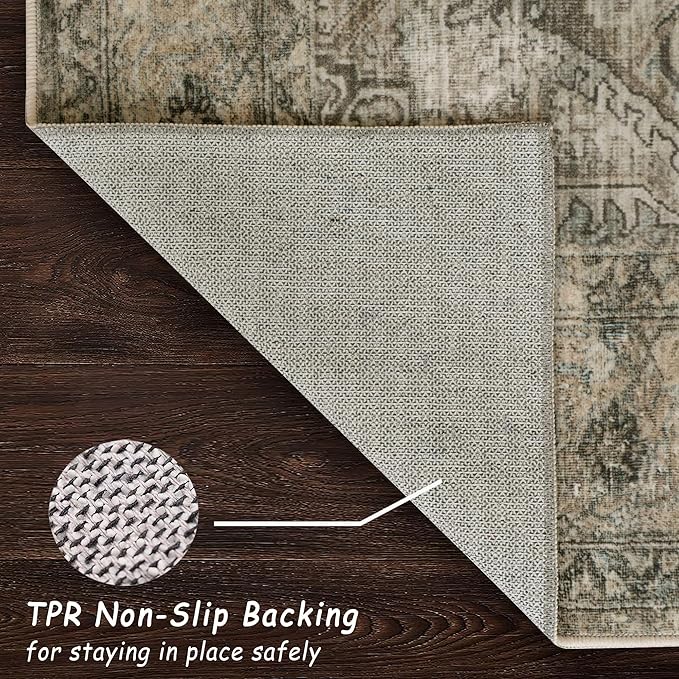vivorug Runner Rug 2x10 Machine Washable Rug with Non-Slip Backing, Ideal for Kitchen Hallway Entryway Laundry Room - Vintage, Durable, Easy Clean, Low Pile Carpet Runner Olive