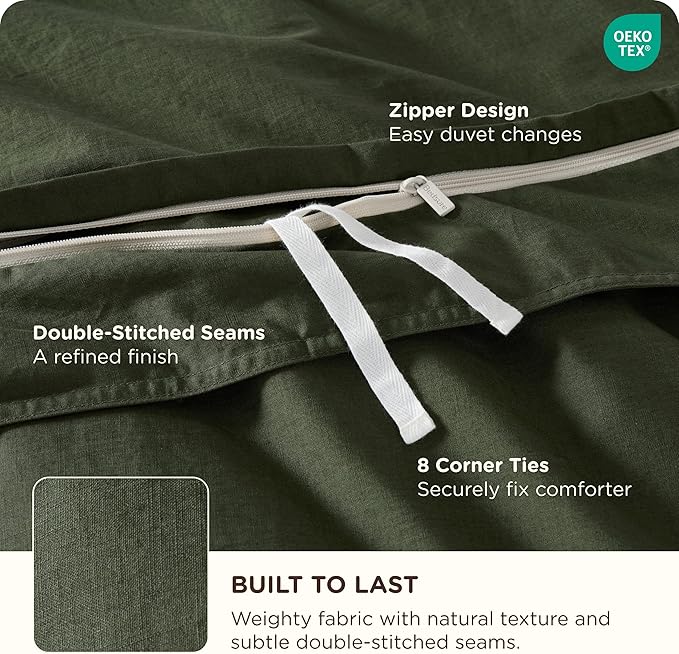 Bedsure Cotton Duvet Cover Queen - Luxury Slub Weave 100% Cotton Duvet Cover Set with a Linen Like Textured, Easy Change Durable Bedding Set 3 Pieces, Olive Green, 90" x 90"