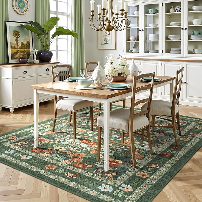 Deerly Green Floral Rug 5x8 Vintage Boho Washable Non-Slip Living Room Carpet Soft Low Pile Thin Bedroom Floor Mat Indoor Home Decor for Dining Room Playroom Nursery Farmhouse, Green/Multi
