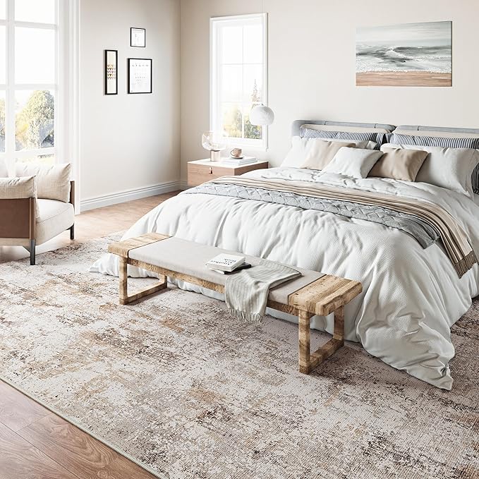 10x12 Washable Area Rug Brown Grey Abstract Neutral Living Room Bedroom Large Throw Rug Non Slip Soft Distressed Low Pile Indoor Floor Carpet for Kitchen Office Entryway