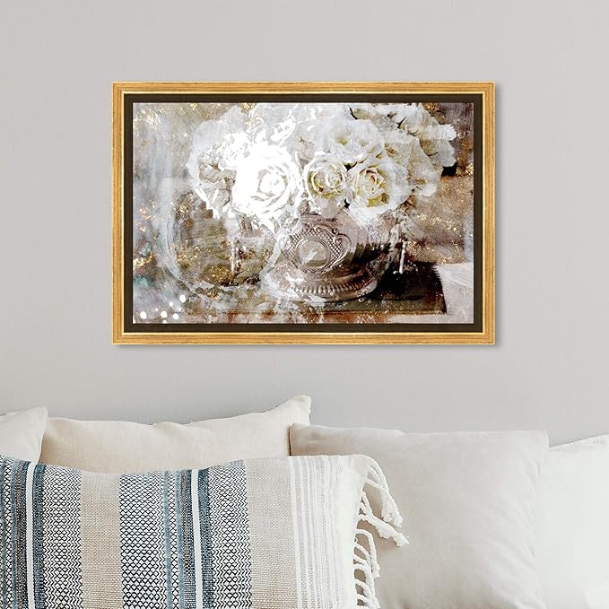 The Oliver Gal Artist Co. Floral and Botanical Framed Wall Art Canvas Prints 'Serving Roses' Florals, White/Gold, 15" x 10"