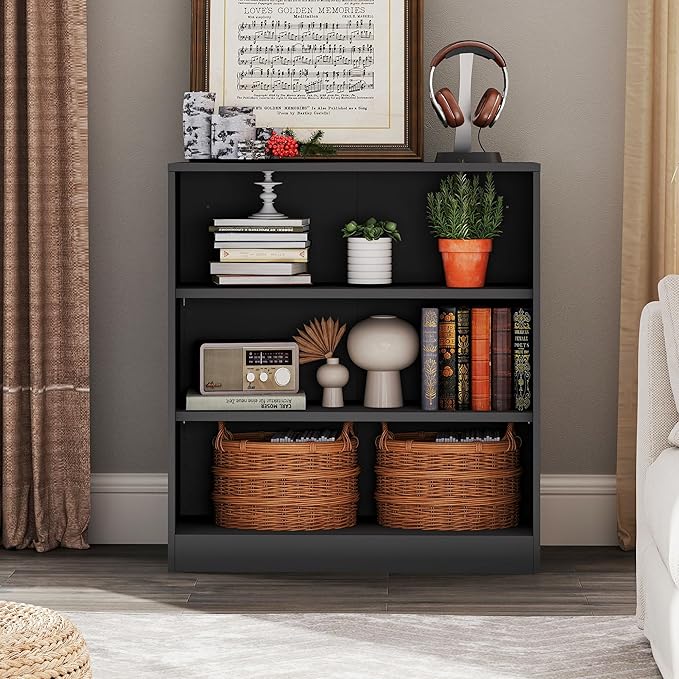 Metal Bookcase with Back Panel, 3 Tier Open Shelf Bookcase with Adjustable Shelves, 31.5 Wide Storage Cabinet Sturdy Steel Cube Shelf Organizer, Free Standing Display Unit