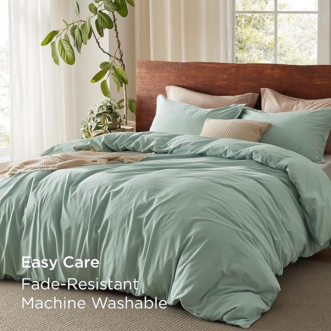 Bedsure 100% Washed Cotton Duvet Cover King Size - Sage Green Minimalist Cotton Duvet Cover Linen Like for All Seasons - GentleSoft™ Plain Simple Bedding, 3 Pieces (Sage Green, King, 104"x90")