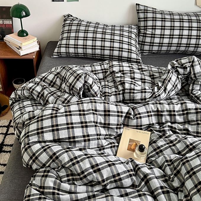VM VOUGEMARKET Boys Plaid Duvet Cover Set Twin XL,3 Pieces Washed Cotton Bedding Set,Breathable Luxury Gingham Comforter Cover with 2 Pillowcases-Black&Grey