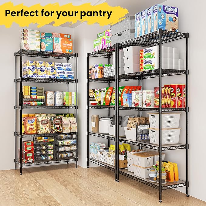72" H Storage Shelves 5 Tier Wire Shelving with Shelf Liners, Adjustable Metal Garage Shelving, 1325LBS Heavy Duty Commercial Storage Rack for Pantry Kitchen, 35" W x 16" D x 72" H, Black