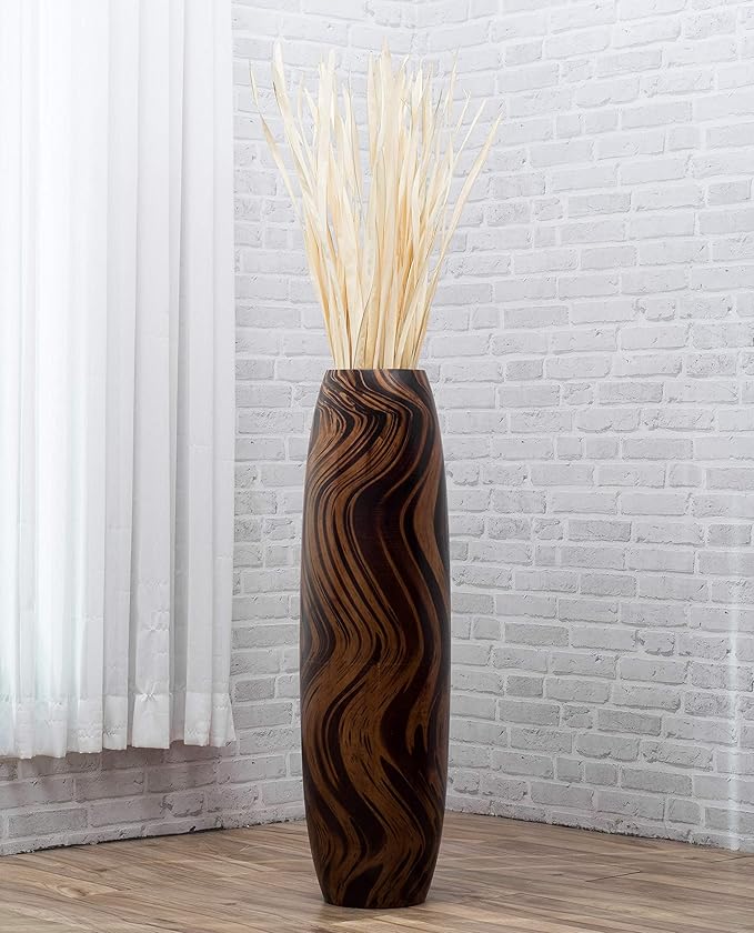 Leewadee Large Brown Light Brown Home Decor Floor Vase – Wooden 34 inches Tall Farmhouse Decor Flower Holder for Fake Plant and Pampas Grass