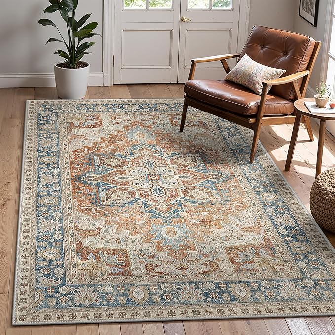 GENIMO 5X7 Area Rugs for Living Room, Machine Washable Vintage Floor Cover Foldable Modern Non Slip Rug, Low Pile Soft Indoor Carpet Floral Print Mat Rug,Bedroom/Dining Room/Home Office,Terracotta