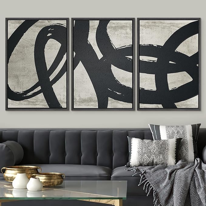 SIGNWIN Framed Canvas Print Wall Art Set Geometric Paint Stroke Spiral Rings Shapes Abstract Illustrations Modern Art Decorative Nordic Calm/Zen for Living Room, Bedroom, Office - 16"x24"x3 Black