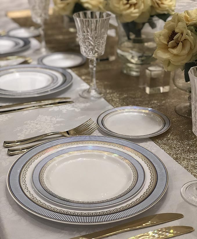 " OCCASIONS " 50 Plates Pack (25 Guests)-Heavyweight Wedding Party Disposable Plastic Plate Set -25 x 10.5'' Dinner + 25 x 7.5'' Salad/dessert plates (Louvre in White w/Blue & Gold)