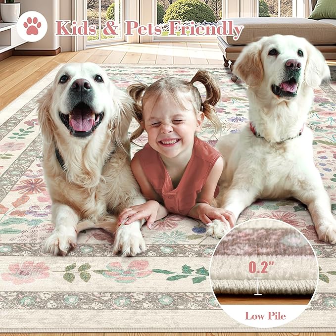 Deerly Floral Rug 5x8 Vintage Boho Washable Non-Slip Living Room Carpet Soft Low Pile Thin Bedroom Floor Mat Indoor Home Decor for Dining Room Playroom Nursery Farmhouse, Beige/Light Pink/Multi