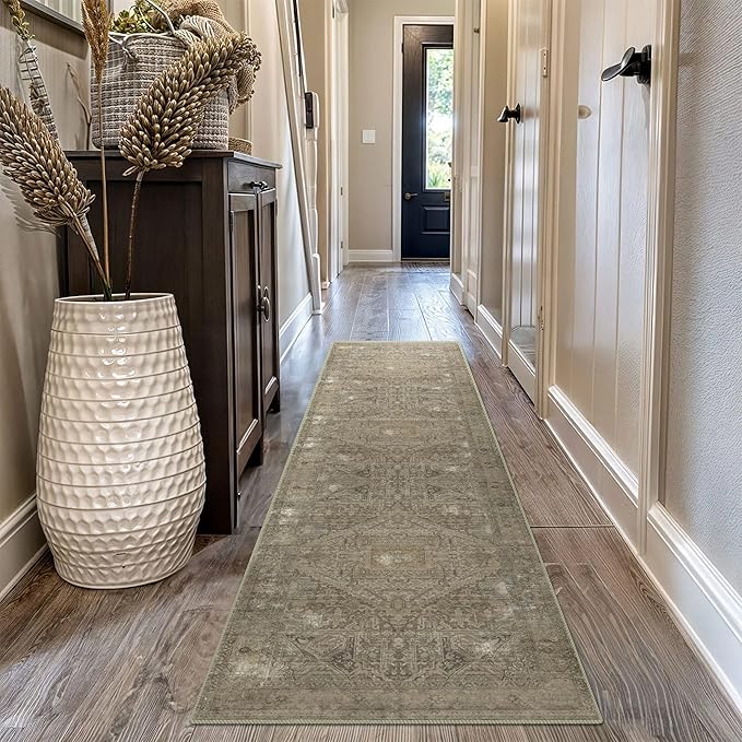 vivorug Runner Rug 2x10 Machine Washable Rug with Non-Slip Backing, Ideal for Kitchen Hallway Entryway Laundry Room - Vintage, Durable, Easy Clean, Low Pile Carpet Runner Olive