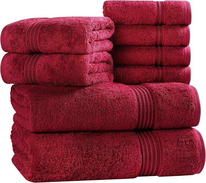 Superior Egyptian Cotton 8-Piece Towel Set, Assorted Towels for Home Bathroom, Guest Bath Decor Essentials, Includes 2 Bath, 4 Hand, 2 Face Towels/Washcloths, Quick Dry, Absorbent, Burgundy