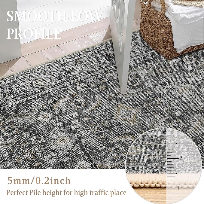 10x14 Washable Area Rug Black Vintage Distressed Living Room Bedroom Large Throw Rug Non Slip Low Pile Soft Accent Indoor Floor Carpet for Dining Room Office Entryway Kitchen