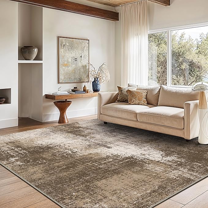 GENIMO Washable Area Rugs for Living Room Bedroom, 9x12 Modern Abstract Non Slip Rug, Low Pile Soft Contemporary Indoor Floor Carpet Cover for Dinning Room Kitchen, Brown