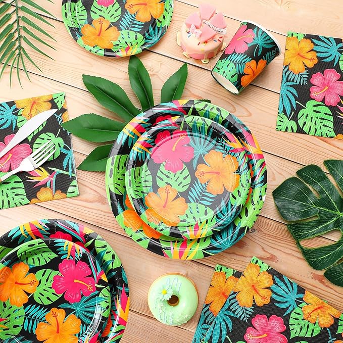 200 Pcs Tropical Nights Hawaiian Aloha Party Supplies Serve 50 Guests Luau Paper Plates Cups Napkins for Summer Beach Tableware Pool Party