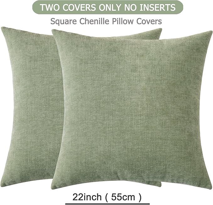 GAWAMAY Decorative Square Throw Pillow Covers 22"x22" Inch Set of 2, Super Soft Chenille Pillows Farmhouse Fall Pillowcase for Living Room Bedroom Sofa Couch Cushion Cover Sage Green 55x55cm