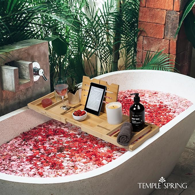 Temple Spring Foldable Bathtub Tray, Unique Design Selfcare Bathroom Caddy, Bamboo Spa Bathroom Tray, Wooden Bathtub Accessories, Wedding Gift/Birthday Gift/New Home Bath Table – Natural