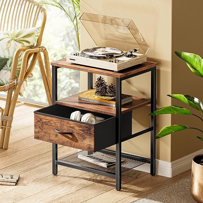 Huuger Nightstand Set of 2, Night Stand with Fabric Drawer, Mesh Shelf, Side Table with Storage, Fabric Drawer Dresser, Open Shelf, Metal Frame, Bedroom, Rustic Brown
