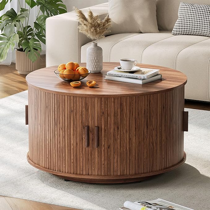 Round Coffee Table with Storage,31.5" Drum Coffee Table with Sliding Tambour Door,Mid Century Modern Coffee Table with Sliding Cabinet Door for Living Room Walnut Brown