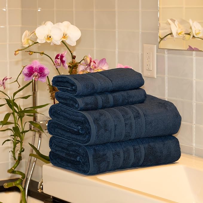 Mosobam Luxury Turkish 4pc XL Towel Set 35X70 16X30 Navy Blue Oversize 700 GSM Bamboo Viscose & Aegean Turkish Combed Cotton