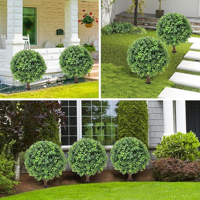 Artificial Boxwood Topiary Ball Tree 24" with Ground Spike, Set of 2 Artificial Boxwood Bushes for Faux Shrubs, Fake Evergreen Faux Plant for Indoor Outdoor Porch Garden- UV Resistant – Fade-Proof