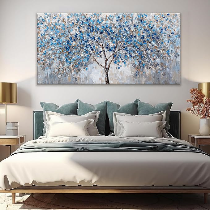 Large Wall Art For Living Room Blue White Tree Leaves Artwork Decor Modern Wall Art For Office Bedroom Kitchen Canvas Prints Decor Ready To Hang 29x58 Inch