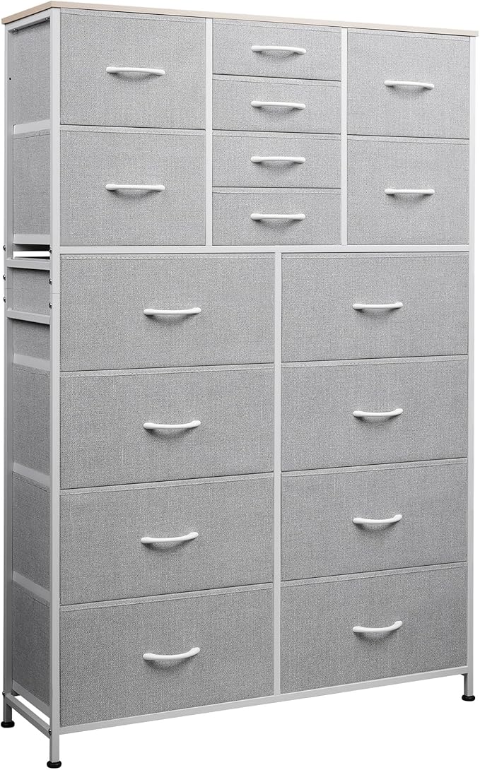 WLIVE Tall Console Table with 16 Fabric Drawers, Entryway Table with Storage, Large Storage Organizer with Wood Top, Steel Frame for Living Room, Hallway, Office, Light Grey