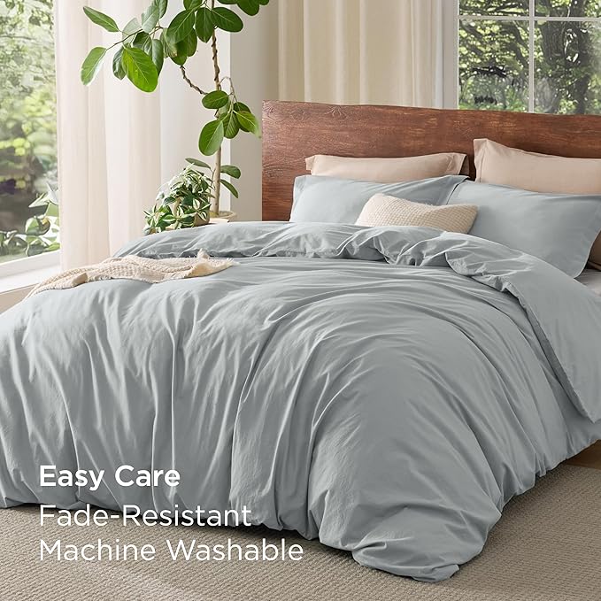 Bedsure 100% Washed Cotton Duvet Cover King Size - Mist Blue Minimalist Cotton Duvet Cover Linen Like for All Seasons - GentleSoft™ Plain Simple Bedding, 3 Pieces (Mist Blue, King, 104"x90")