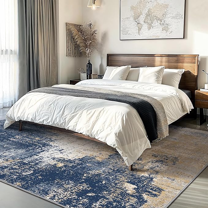GENIMO Washable Area Rugs for Living Room Bedroom, 8x10 Modern Abstract Non Slip Rug, Low Pile Soft Contemporary Indoor Floor Carpet Cover for Dining Room Kitchen, Navy Blue