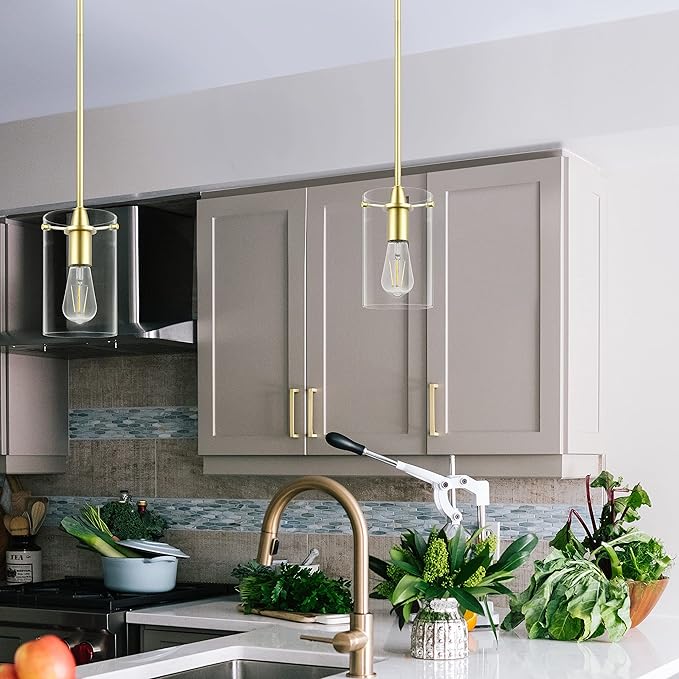 Satin Brass Pendant Lights Kitchen Island - Medium Clear Glass Pendant Light Fixture