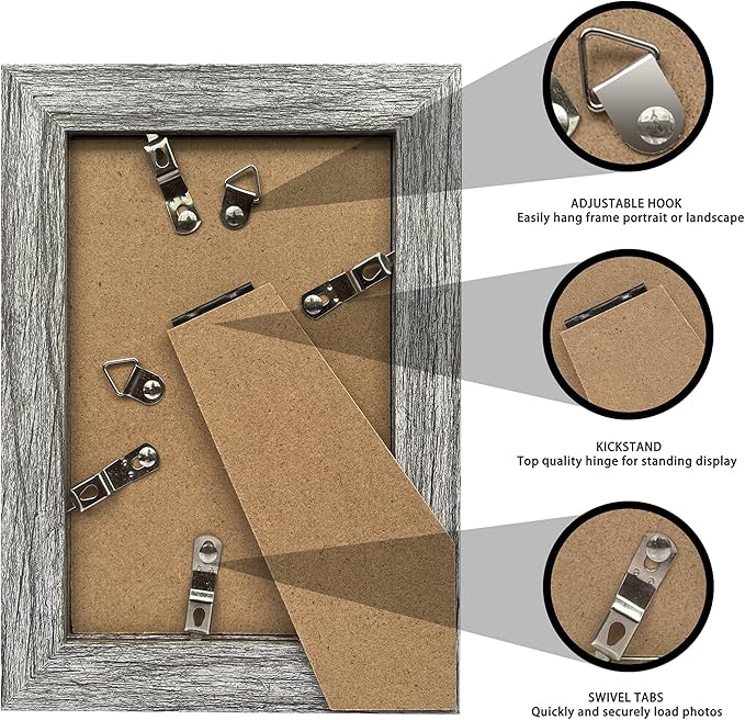 5x7 Picture Frame Set of 2, Made of Real Glass and Rustic Grey Wooden Frame - Display Pictures 4x6 with Mat or 5x7 Without Mat, 5 by 7 Photo Frame for Wall or Tabletop Display